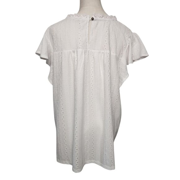 Cato Size XL Blouse Short Flutter Sleeve Eyelet Crochet White Cottage Coastal - Picture 4 of 8